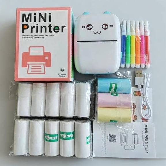 Mini Thermal Printer with 13 Rolls Paper - USB Rechargeable Lithium Battery, Wireless Connectivity | Portable Compact Design, Monochrome Photo & Label Printing | Ideal for Travel & Home Use