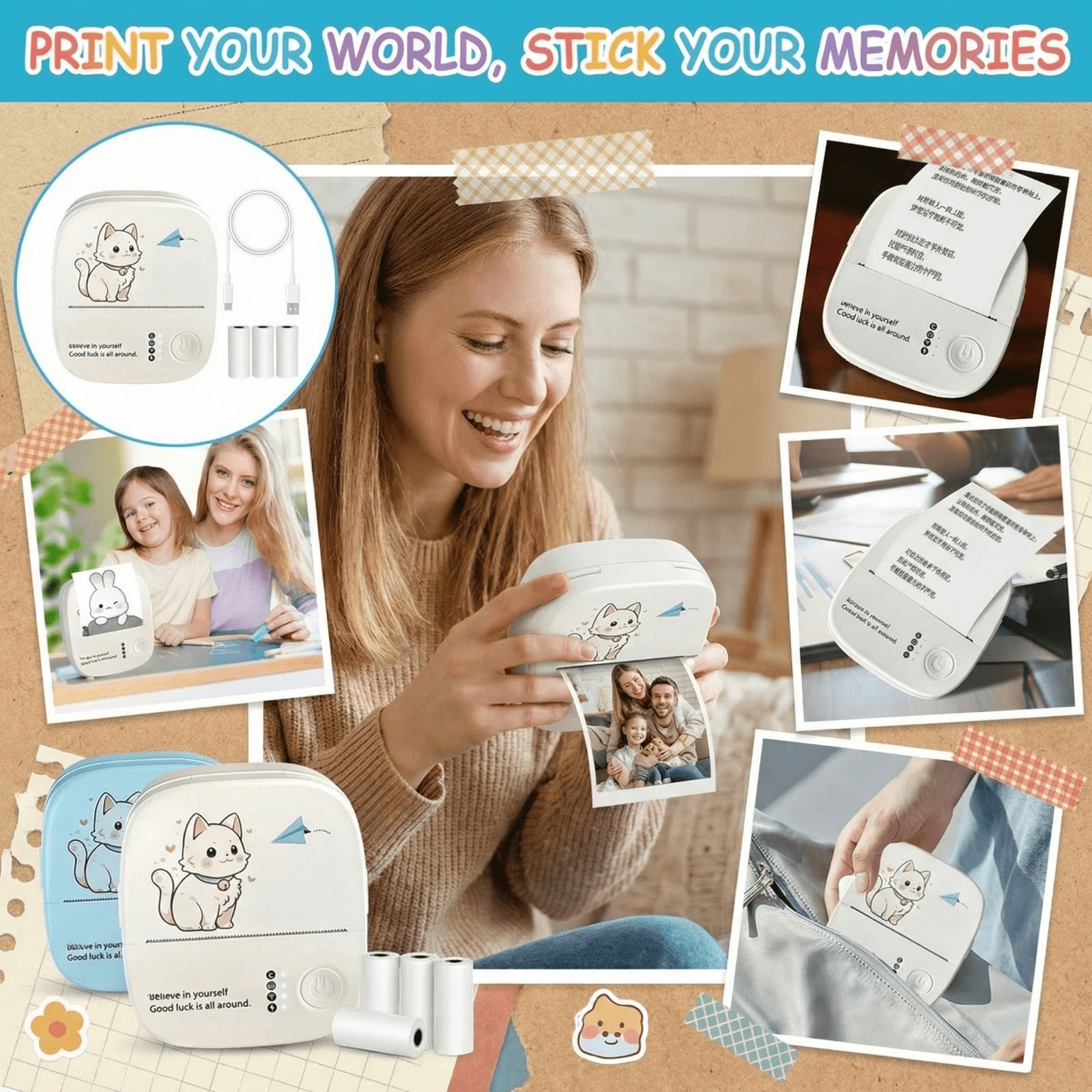Mini Thermal Sticker Printer, 1 Roll Paper Included, 3X3X1 Inch Compact ...