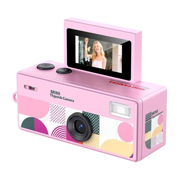 Mini Thumb Camera with Flip Screen, Pocket Photo & Video Camera with 32GB Card, Lightweight Portable Pendant Camera for Travel, Selfie & Vlogging (Pink)