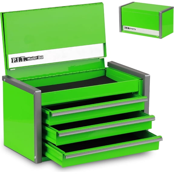 Mini Tool Box 8.6"W X 4.6"D, ortable 3 Drawer Steel Stackable Green Tool Box with Magnetic Tab Locking, Green Micro To Chest with Liner for Tools Storage and Organizers, Home DIY