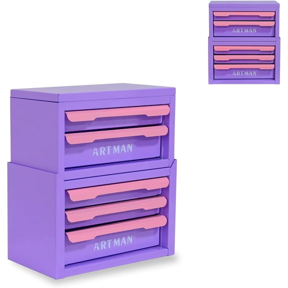 KVP Mini Tool Box with Drawers, Small Tool Chest Style Metal Desktop Storage Box, Portable Desktop Drawer Organizer with Stackable Top & Base Design for Desk, Office & Small Tool Parts — Purple Pink