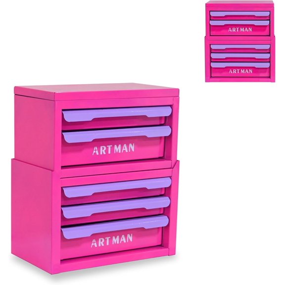 Mini Tool Box with Drawers, Small Tool Chest Style Metal Desktop Storage Box, Portable Desktop Drawer Organizer with Stackable Top & Base Design for Desk, Office & Small Tool Parts — Rose Red Purple