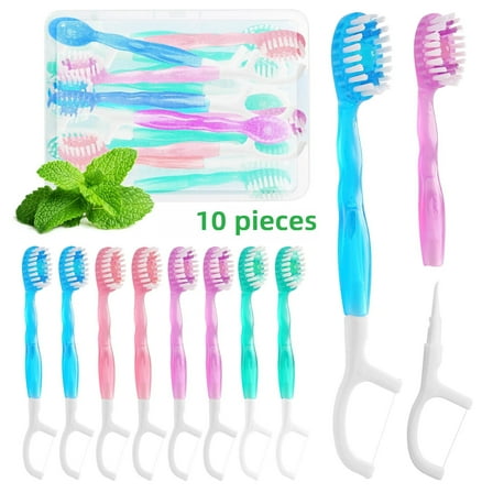 Mini Toothbrush Disposable with Toothpaste,Tongue Scrapers,Floss and Pick.Travel Toothbrush Pack for Work or Travel.Individually Wrapped, 10 Count, Mint and Three Other Fruit Flavors