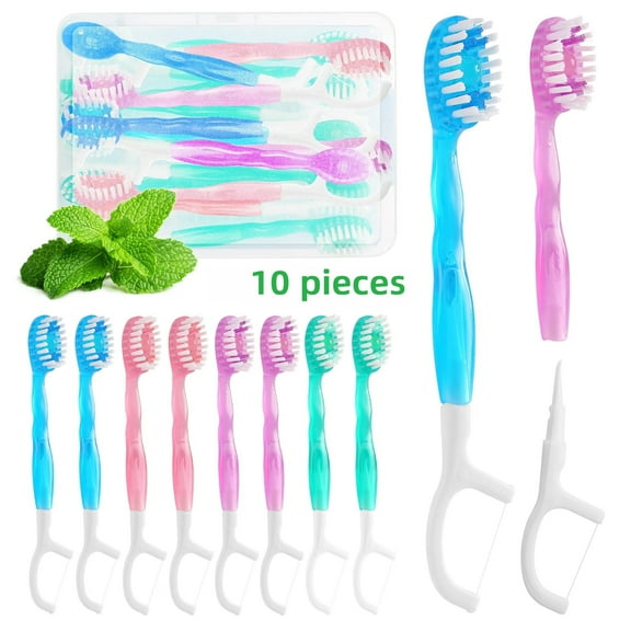 Mini Toothbrush Disposable with Toothpaste,Tongue Scrapers,Floss and Pick.Travel Toothbrush Pack for Work or Travel.Individually Wrapped, 10 Count, Mint and Three Other Fruit Flavors