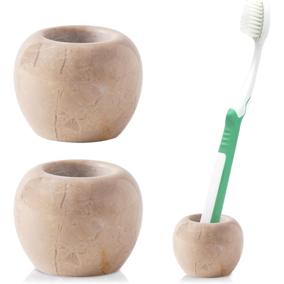 Mini Toothbrush Holders for Bathrooms 1.2 Inch Beige Marble Tooth Brush Holder Set of 2 for Bathroom Organizers and Countertop Storage Accessories, Sink, Gifts & Vanity Decor