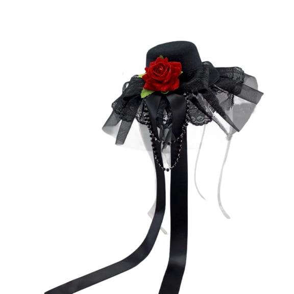 Mini Top Hat Fascinator, Gothic Lolita Style, Lace Veil with Rose, for Halloween Cosplay, Tea Gatherings