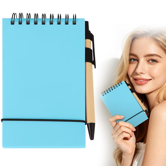 Mini Top Spiral Notebook with Pen, Upward Flip Spiral Journal with Elastic Closure and Pen Holder, 3.62x5.83 Inch Portable Pocket Notebook, 50 Sheets, Tearable Blank Inner Pages, Light Blue