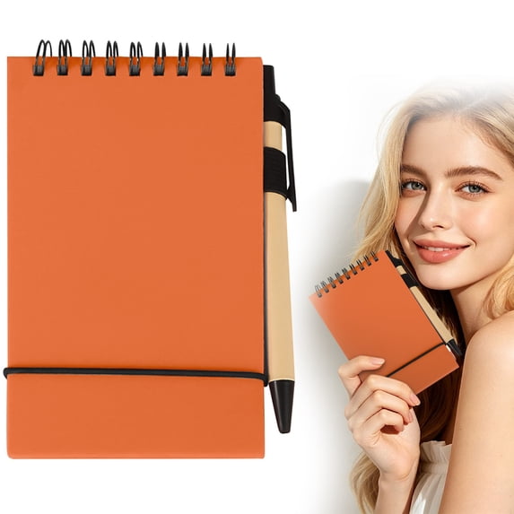 Mini Top Spiral Notebook with Pen, Upward Flip Spiral Journal with Elastic Closure and Pen Holder, 3.62x5.83 Inch Portable Pocket Notebook, 50 Sheets, Tearable Blank Inner Pages, Orange