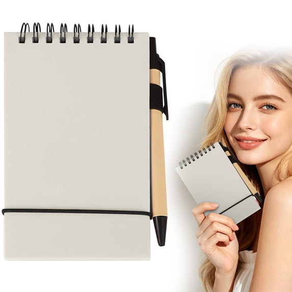 Mini Top Spiral Notebook with Pen, Upward Flip Spiral Journal with Elastic Closure and Pen Holder, 3.62x5.83 Inch Portable Pocket Notebook, 50 Sheets, Tearable Blank Inner Pages, White