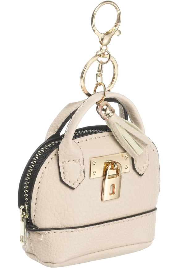 Mini Tote Bag Keychain, Cute Coin Purse Keychain PU Leather Backpack Charm Tiny with Zipper for Women Makeup Card Data Key Cable Organizer, White -
