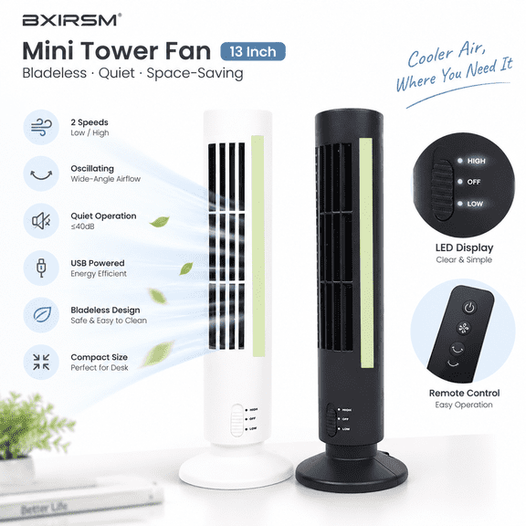 Mini Tower Fan 13 Inch, Bladeless Oscillating Desk Fan with Remote, 2 Speeds LED Display, Quiet USB Cooling for Bedroom Office Dorm