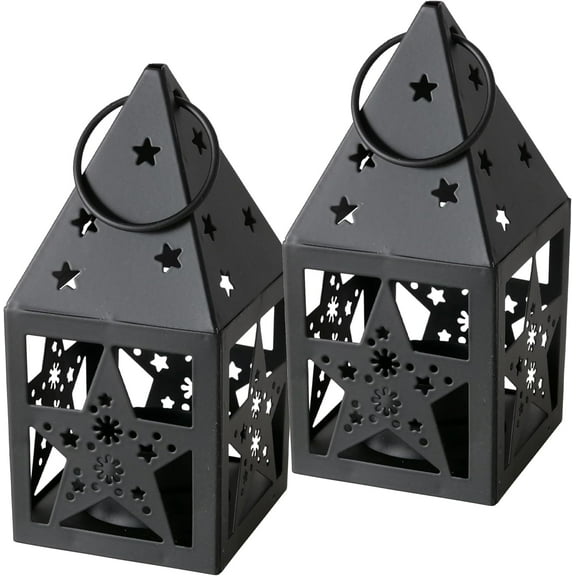Mini Town House Lanterns, Set of 2, Black, Star Cutouts, for LED and Wax Tea Light Candles