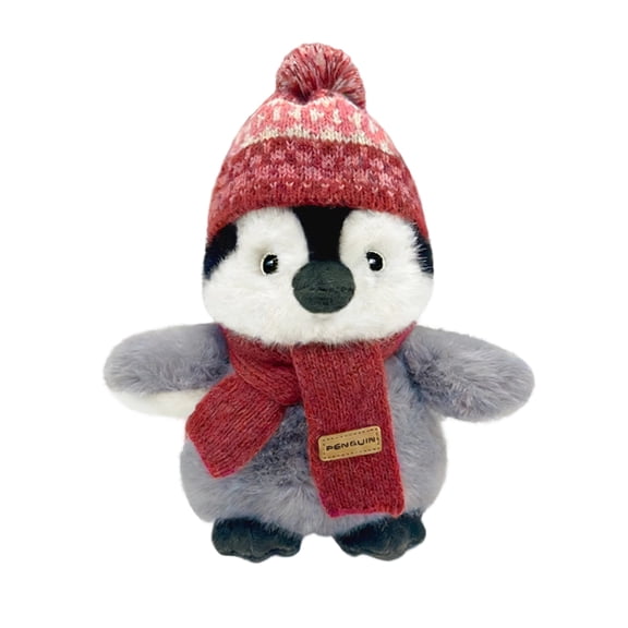 Mini, Toy, Penguin Stuffed Animal, Stuffed Penguin, Soft Stuffed Animal, Small Size, Red Knit Scarf, Pom Pom Hat, Blue Gray, 1 Pc