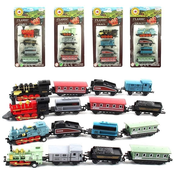 TEAMD Mini Train Toy Die-Cast Pull Back Steam Train Model Set Assorted Styles for Kids Boys - 4 PACKS (16 pieces)