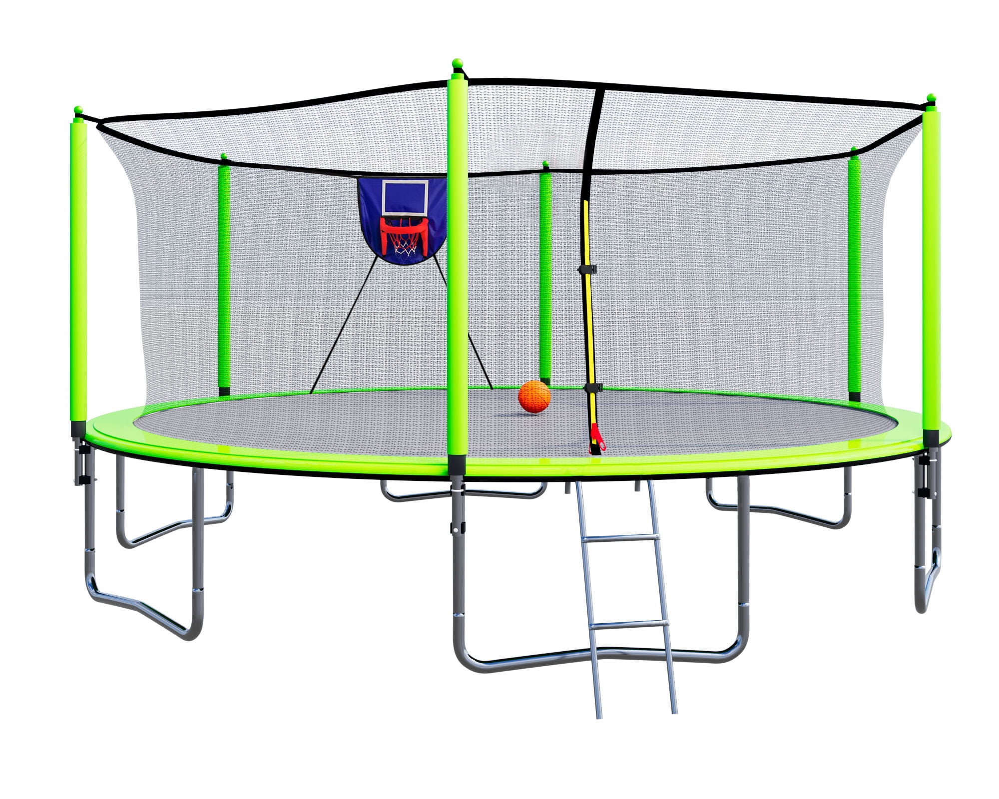 Mini Trampoline, 15FT Trampoline with Basketball Hoop Inflator and Ladder, 6pcs safety new pole Sleeves- Green, Green Trampoline For Kids,Steel Fitness Trampoline