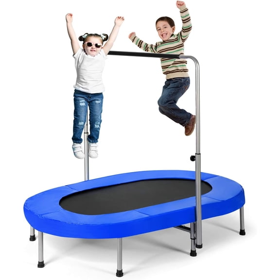 Mini Trampoline, 2 Persons Foldable Fitness Trampoline w/ 5 Levels Height Adjustable Handle, Max Load 330LBS, Indoor Oval Rebounder Exercise Trampoline for Adult, , Parent- Time