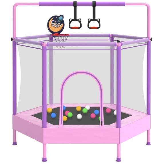 60" Mini Trampoline for Kids with Basketball Hoop, Indoor/Outdoor Toddler Trampoline with Safety Enclosure, Segmart Kids Trampoline with Adjustable Gymnastics Bars, Ring, Ocean Balls