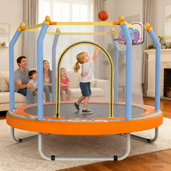 Mini Trampoline for Kids with Safety Enclosure Net, 55" Toddler Trampoline with No-Gap Safe Design, Segmart Recreational Trampolines for Birthday Gifts, Rebounder Trampoline with Ocean Balls