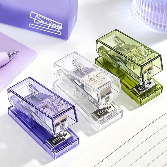 Mini Transparent Clear Handheld Stapler Set with 1000 Staples, One-Finger Effortless Small Stapler for Students, Home & Office, Portable Lightweight Document Binding Tool, Purple