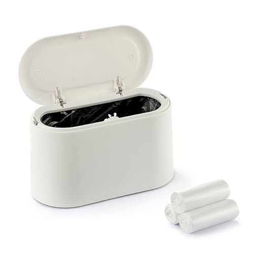 Mini Trash Can for Desk, Tiny Plastic Countertop Garbage Can with Lid, Easy to use and Keep Desktop Clean for Vanity, Bedside, Bathroom and Kitchen with 3 Rolls Trash Bags$$Storage