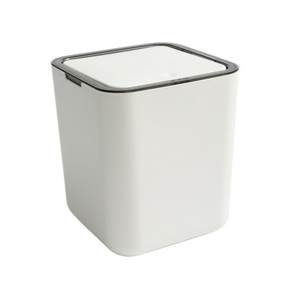 Mini Trash Can with Push Button Lid Small Tabletop Garbage Bin for Home Office Slim White Plastic Wastebasket for Desk Bathroom or Kitchen 6.5x5.5x5.5 Inches