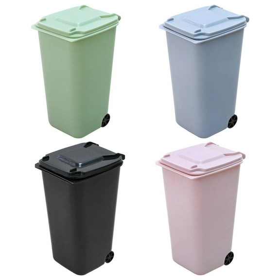 Mini Trash Can Set with Lid, 4 Pcs Desktop Trash Bins with Wheels, Multi-functional Pen Holder for Home and Office, Compact 650 ml Capacity, Easy to Clean, Available in Black, Green, Blue, Pink