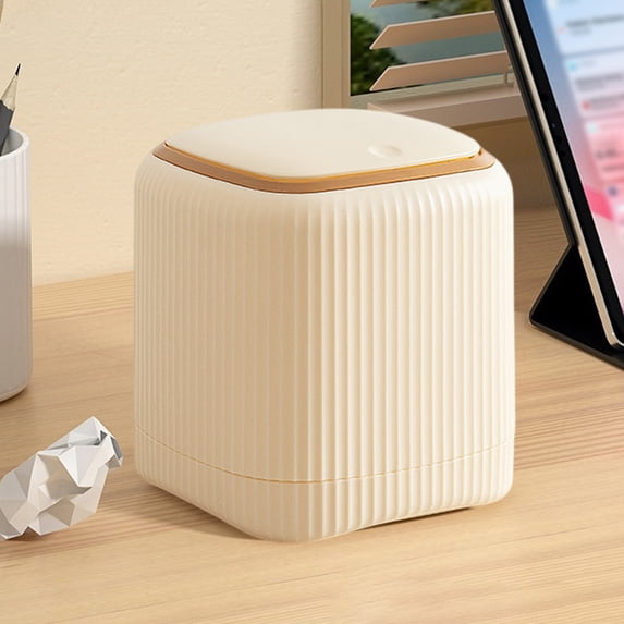 Mini Trash Can,Tiny PP Press Top Desktop Garbage Can Countertop Waste Basket with Lid for Bathroom Office Kitchen Desk Coffee Table (Beige)