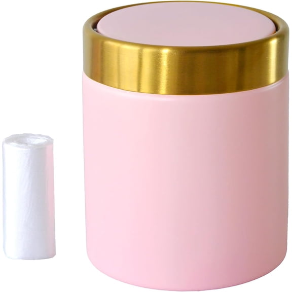 Mini Trash Can with Lid, 1.5 Liter / 0.4 Gallon Small Metal Desk Garbage Bin for Countertop, Coffee Bar, Vanity Pink