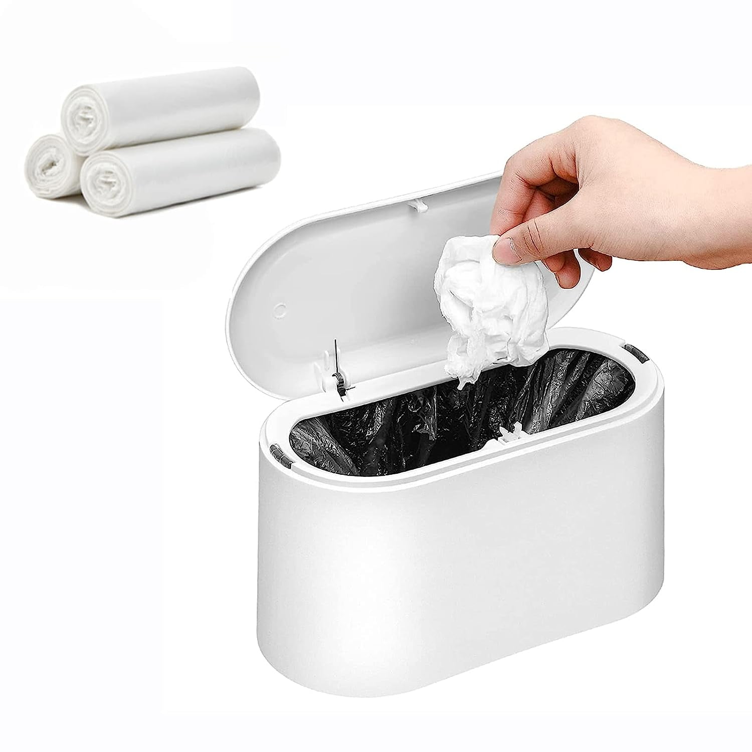 Mini Trash Can with Lid,Small Can,Desk Can,Countertop Garbage Cans,Tiny  Waste Basket,White,Free 3 roll Bags 