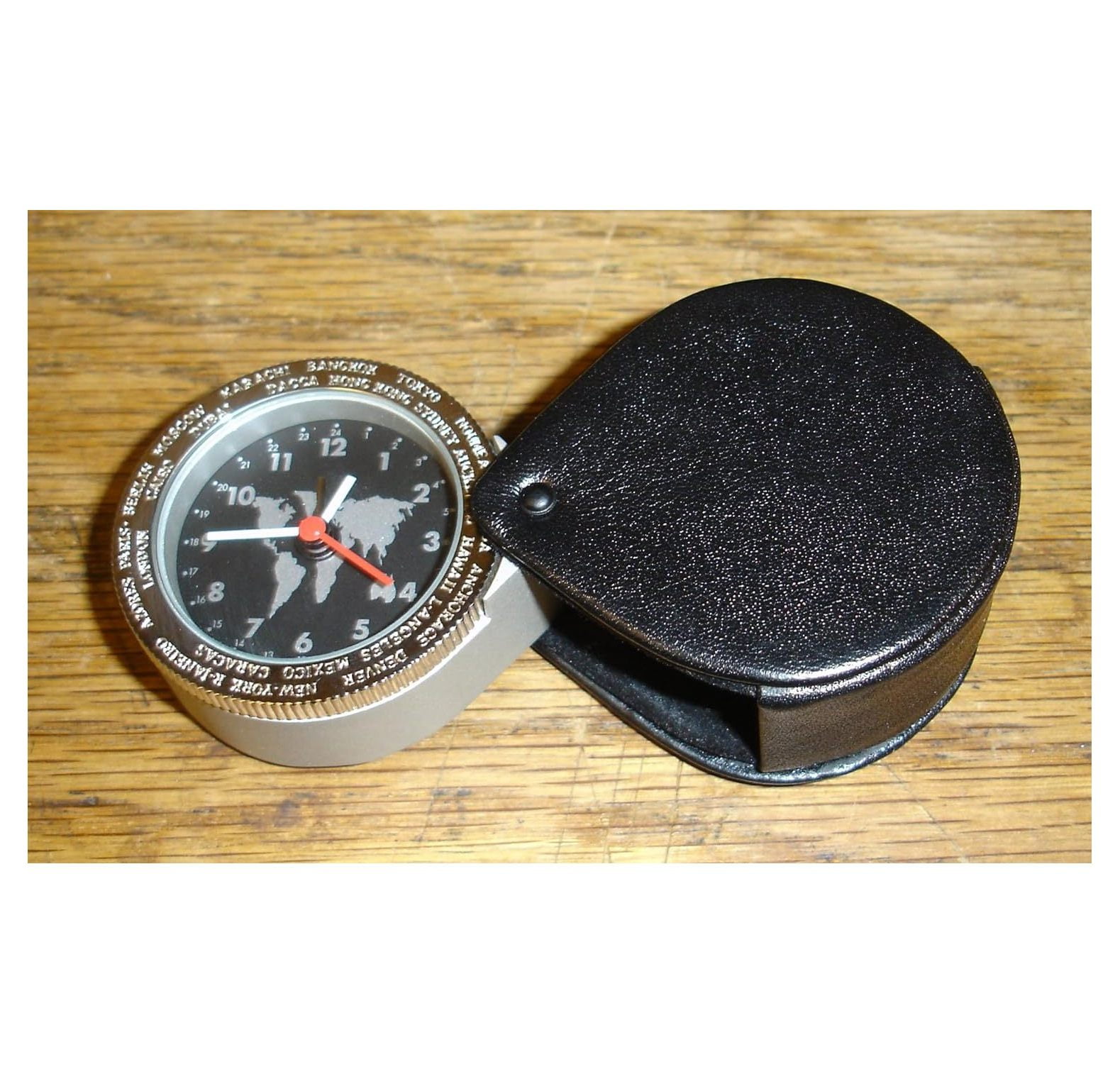 Mini Travel Alarm Clock with Black SwivelBack Leather case