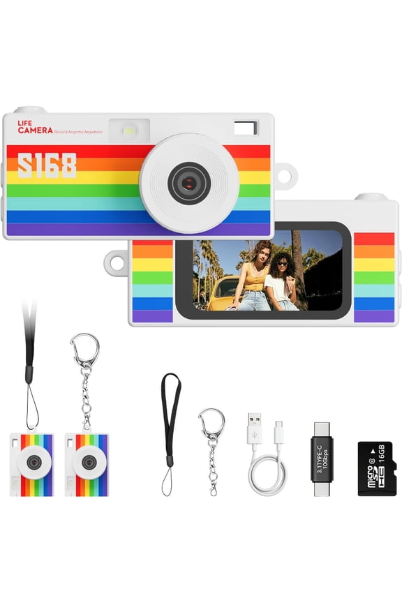 Mini Digital Camera,Retro Keychain Digital Camera,1440P Video, 48MP Photos Mini Pocket Camera Keychain with Flash, Type C,for Kids Teens Travel Vlogging&16GB Card-Rainbow color