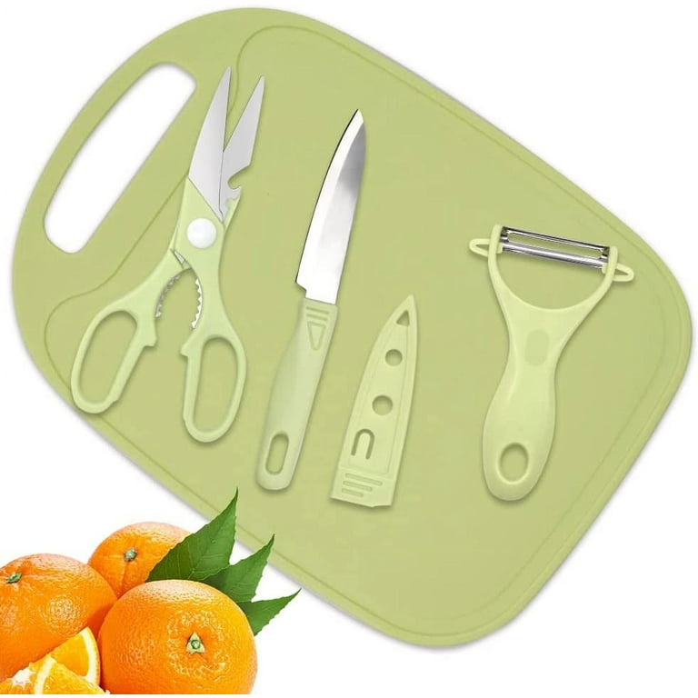 Mini Travel Cutting Board Set, 4 Pcs Portable Mini Camping Plastic Cutting Board & Knife, Fruits & Vegetable Peeler Scissors (Green)