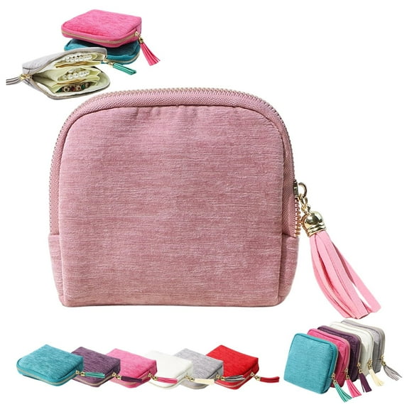 Mini Travel Jewelry Case - Portable Five Compartments Jewelry Bag Zipper with Tassel, Velvet Organizer Pouch for Rings Necklaces Bracelets Earrings 13.5*12CM Pink