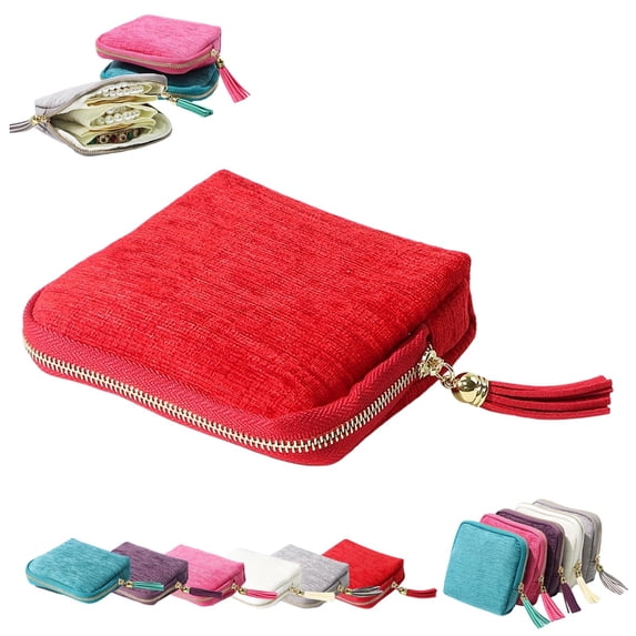Mini Travel Jewelry Case - Portable Five Compartments Jewelry Bag Zipper with Tassel, Velvet Organizer Pouch for Rings Necklaces Bracelets Earrings 13.5*12CM Red