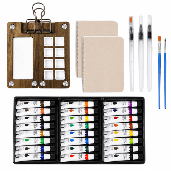 Mini Travel Watercolor Kit, Wooden Palette, 24 Paint Tubes, 2 Sketchbooks