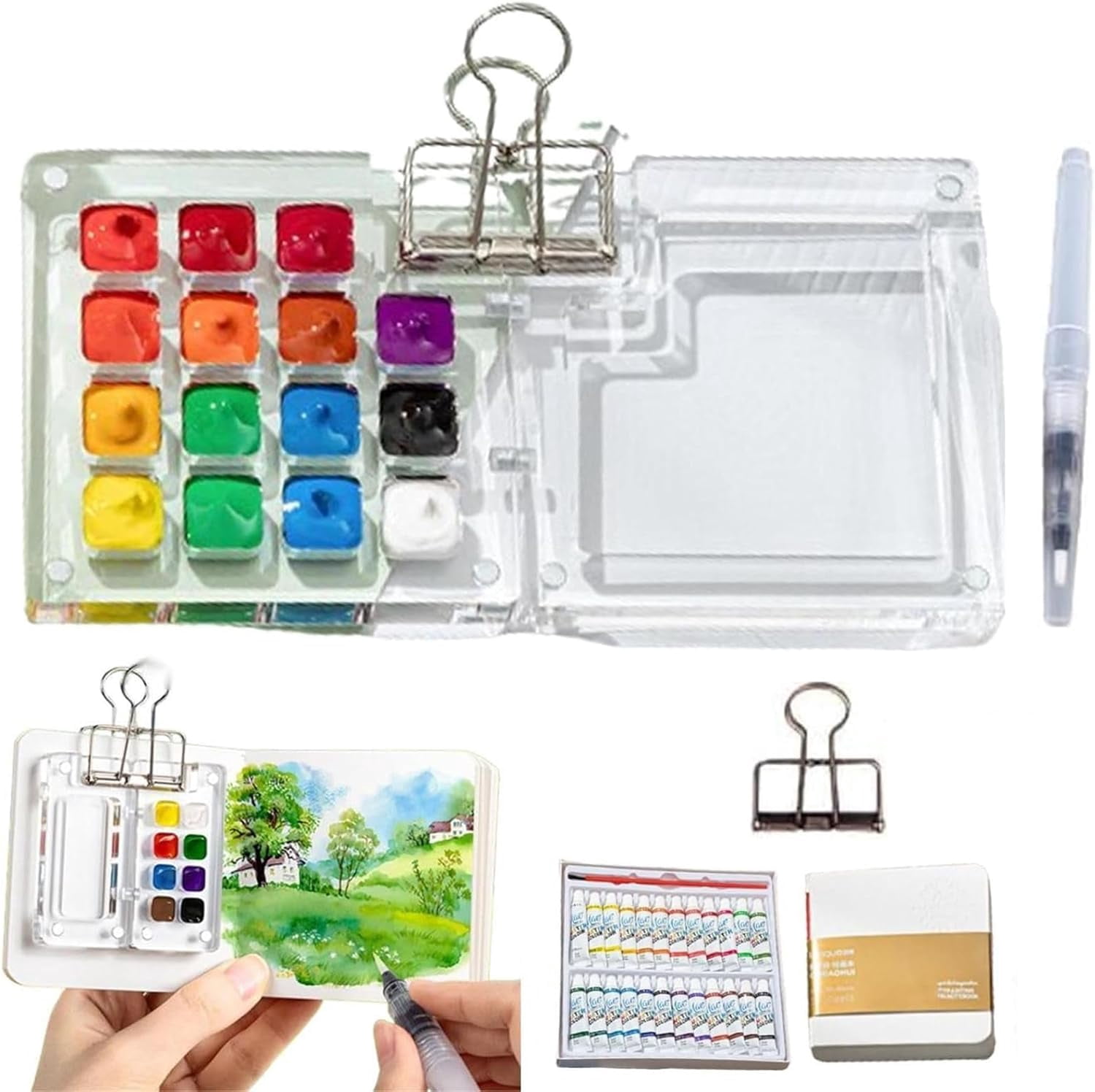 Mini Paint Set, Mini Watercolor Paint Set, Pocket Artist Watercolor Travel Set, Pocket Watercolor Set, Travel Watercolor Set, 2025 Wooden Grid Paint Palette With Clip, Drawing Paper(15 Grid Set - View #12