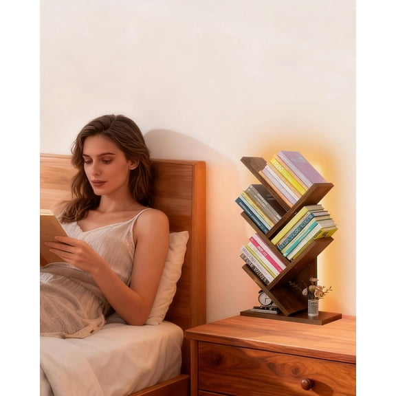 Mini Tree Bookshelf with LED Wood Display Rack for Books, CDs, Magazines Compact Storage Organizer for Home Office or School