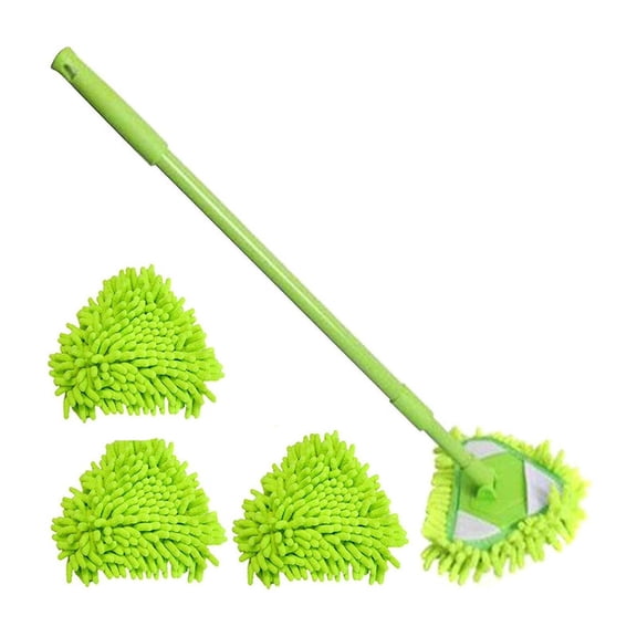 Mini Triangle 180° Swivel Cleaning Mop, Extendable Handle with 3 Washable Microfiber Pads for Floors, Tile, Wall, Bathroom & Corner Cleaning, Green