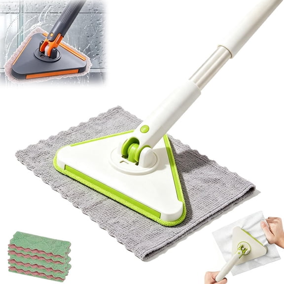 Mini Triangle Bathroom Mop & Holder System, Triangle Disposable, No Wash Lazy Mop, Dust Mop with 4 Reusable Cloths, Zero Touch, Clip Mopping Stick, Wet and Dry Click Mops for Floor Cleaning