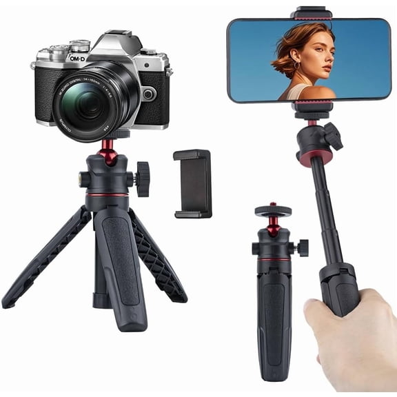 Mini Tripod Selfie Stick 3-in-1 Extension Pole with Phone Clamp - Aluminum Vlogging Stand for Smartphone Action Camera Webcam 1/4 Thread