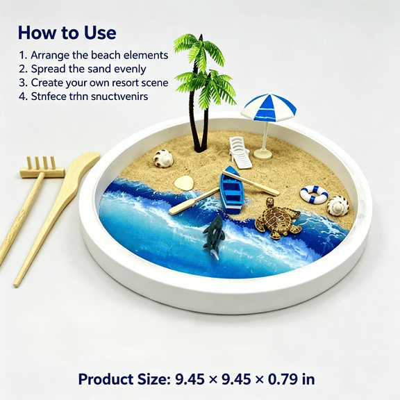 Mini Tropical Beach Resort Sand Tray Decor Kit, 9.45 Inch Round Ocean Tabletop Ornament with Mini Palm Tree, Turtle, Boat & Artificial Seashell Accessories, DIY Desktop Travel Souvenir Craft for Home