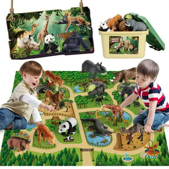 Mini Tudou 12 Pcs Safari Animals Figures Toys w/ 57x38.6'' Large Activity Play Mat, Realistic Jumbo Jungle Wild Toy Zoo Animal Figurines Playset w/ Elephant, Giraffe, Lion for Kids Boys Girls