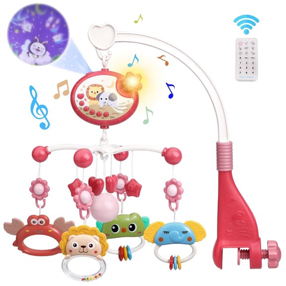 Mini Tudou Baby Crib Mobile with Music and Lights,360°Rotation,Remote Control, Lights Projector Function Music Box Cartoon Rattles for Babies Boy Girl