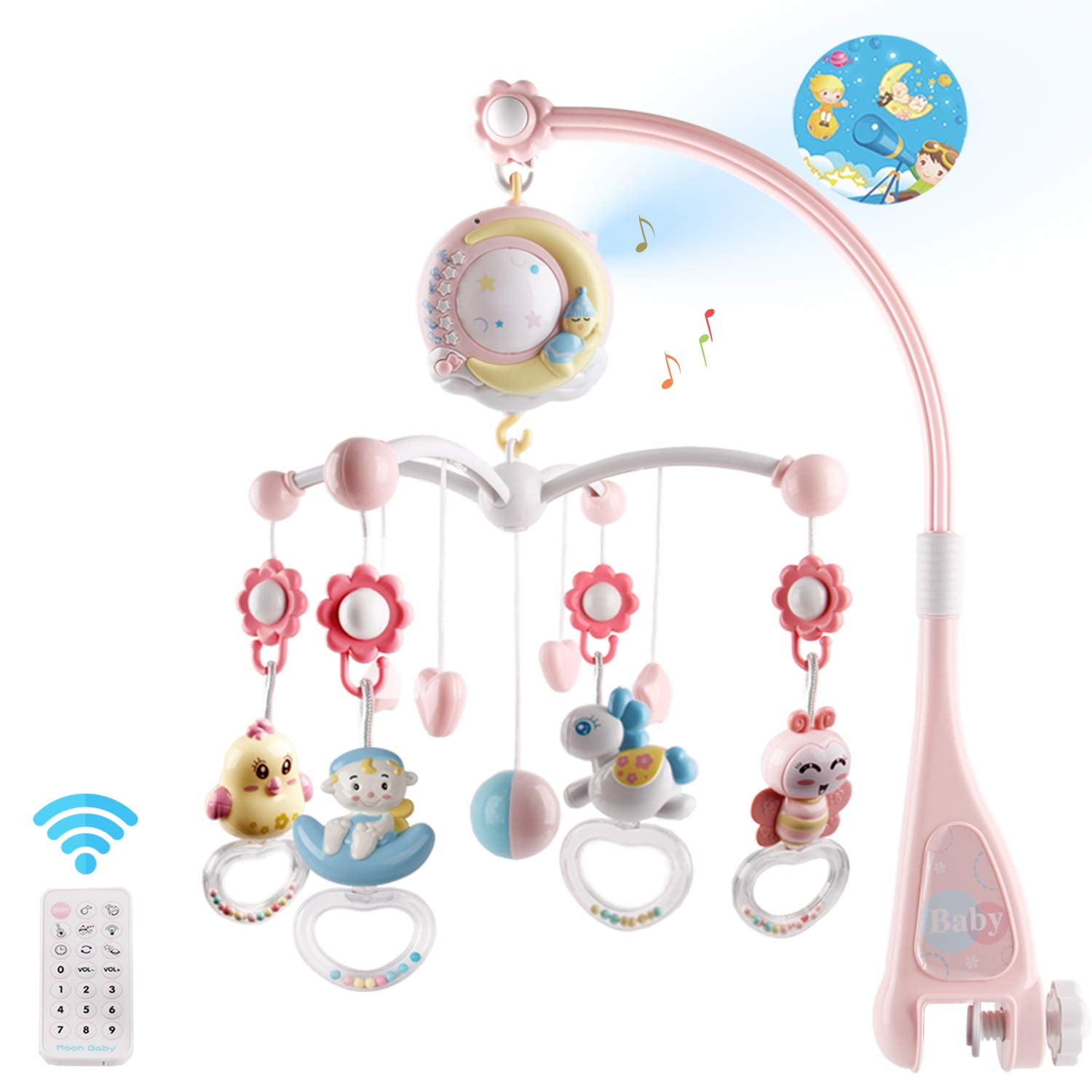 Mini Tudou Baby Musical Crib Mobile with Timing Function Projector and Lights,Hanging Rotating Rattles and Remote Control Music Box with 150 Melodies,Toy for Newborn 0-24 Months