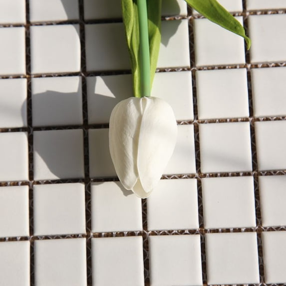 Mini Tulip Artificial Bouquet 35.5cm White – Lifelike Plastic Fake Flowers for Wedding Party Home Office Table Centerpiece