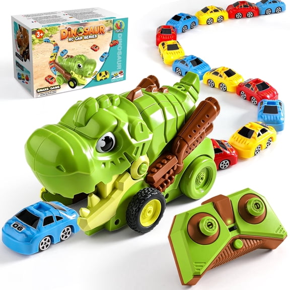Mini Tuou Dino Truck with Magnetic Eating Function,Dino Eating Train Set,Remote Control Car Toy with 9 Magnetic Mini Cars Transforming into a Snake Chain for Age 3-6 7-12 Years Old Boy