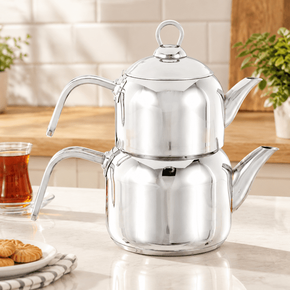 Mini Turkish Teapot Set - Stainless Steel Teapot with Lid - (Turkish Tea Pot 0.85 Liters & Water Tank 1.25 Liters) - Non-Burning Bakelite Handles Midi Tea Maker & Induction Kettle