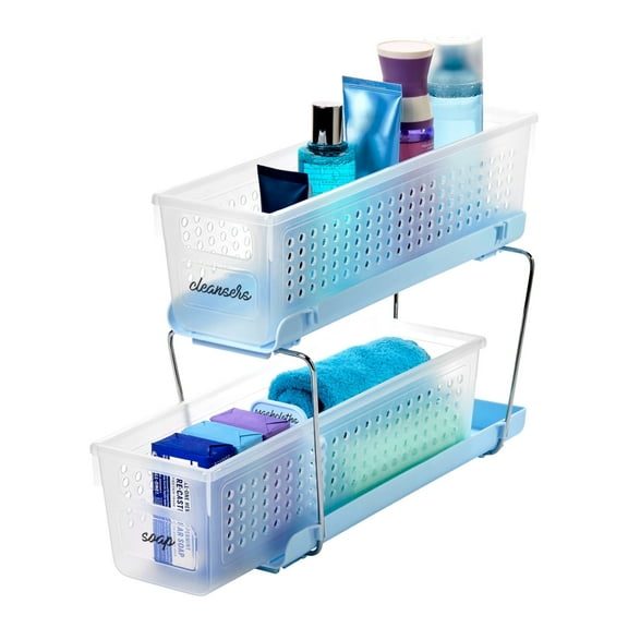 madesmart Blue Mini 2-Tier Organizer with Dividers, Ideal for Bathroom, Undersink Storage for Toothbrushes Toothpaste Razors and More, BPA-Free, Blue/Frost