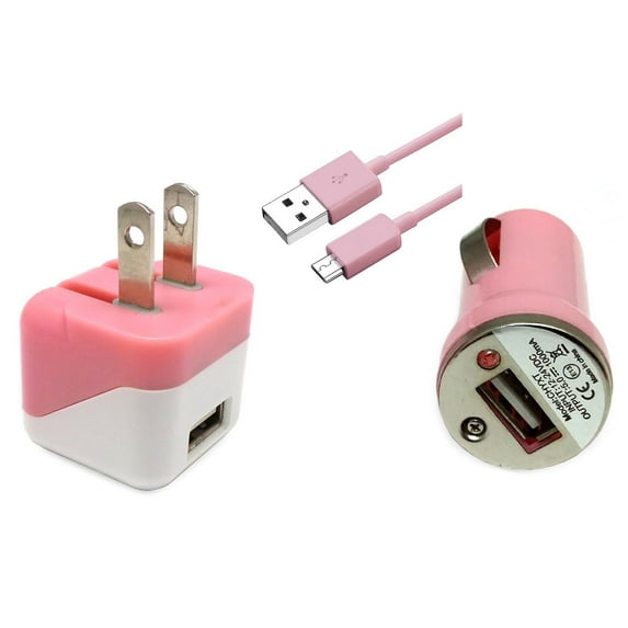 Mini USB Car, Wall, Cable Adapter Charger Combo - Light Pink