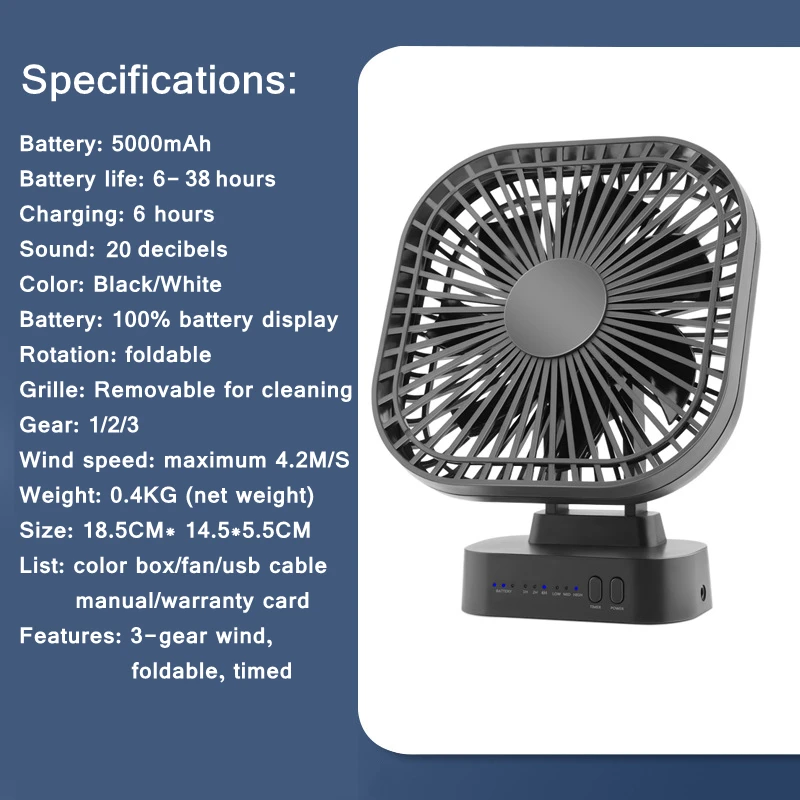 Mini USB Fan Rechargeable Battery Fan with Timer Strong Wind 3 Speed 7